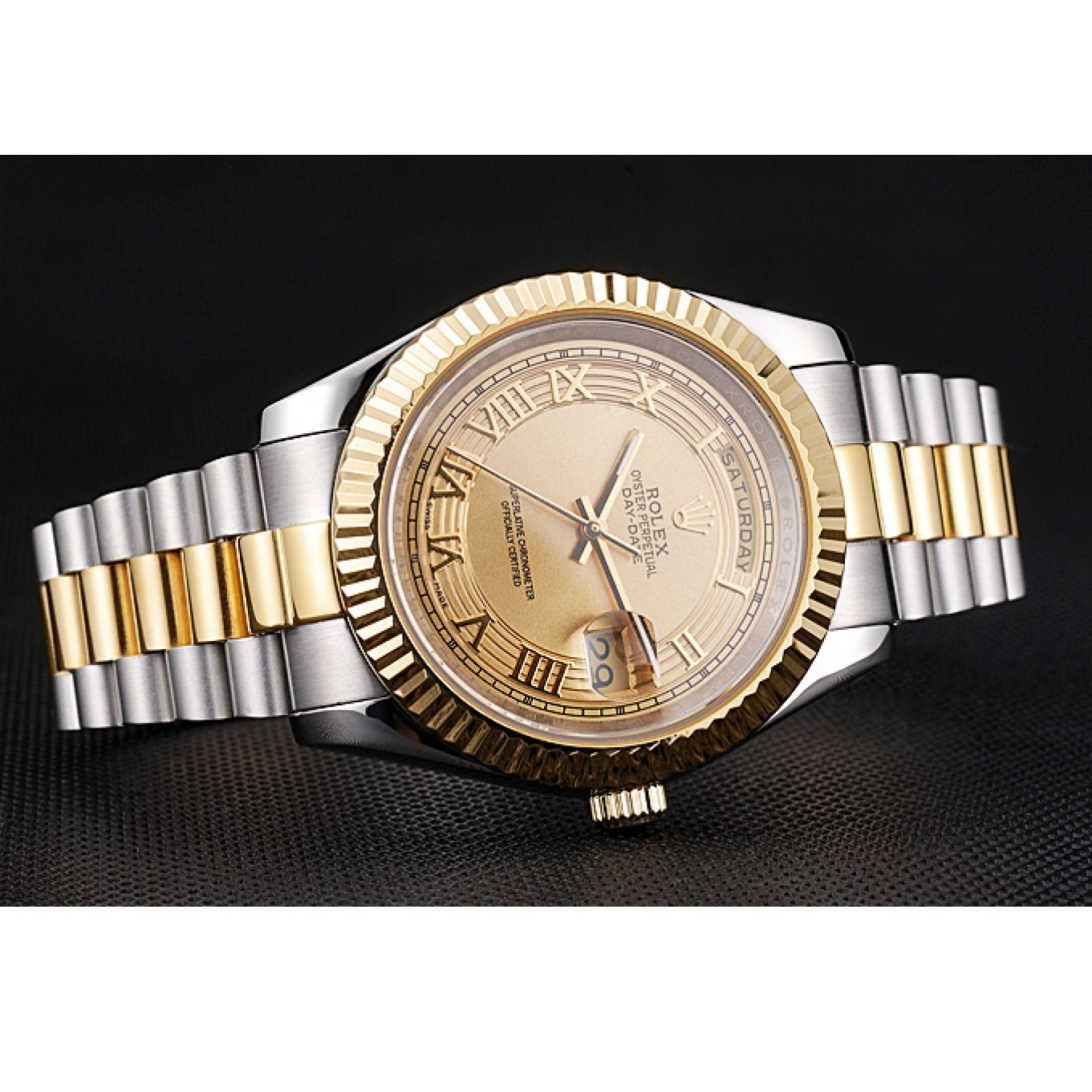 Aaa replica watch Rolex Gold 18k Gold Steel Stainless Two Plated Day-Date Dial Tone 0712
